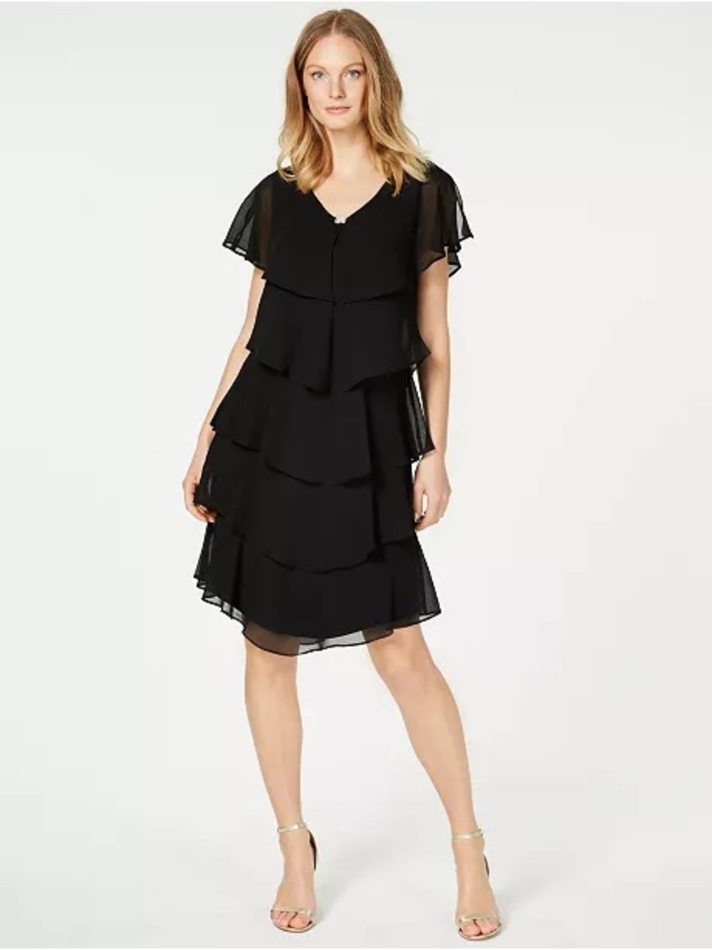 Ignite Black Layered Chiffon Midi Dress with Jewel Accent